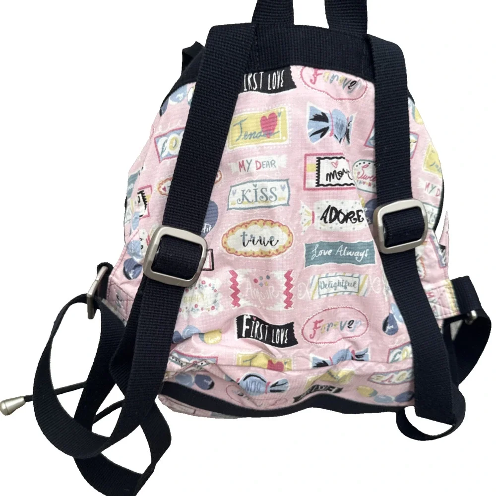 LeSportsac Small Mini Backpack Love Print Cinch Top Snap Closure Zipped Pockets